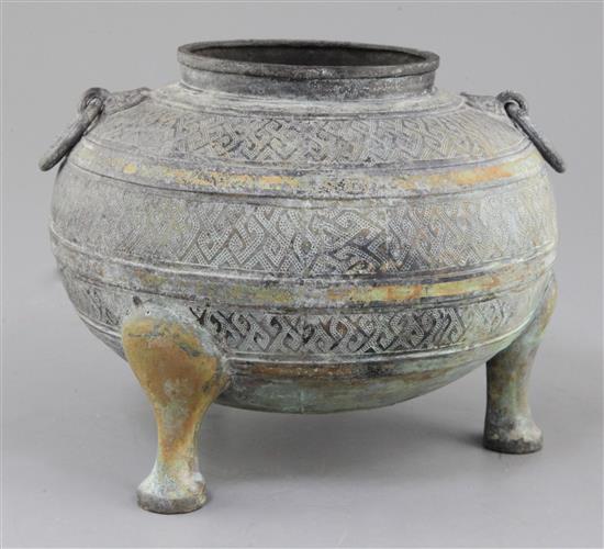 A Chinese archaic bronze steamer vessel base, Yan, Warring States period, c.5th century B.C., 16cm high, 20cm diameter (lacking top)